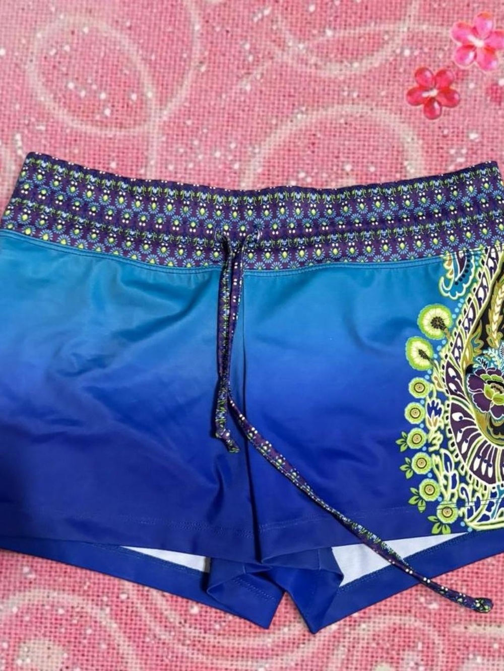 Athleta Blue Gradient Swim Shorts with Green & Purple Floral Accent